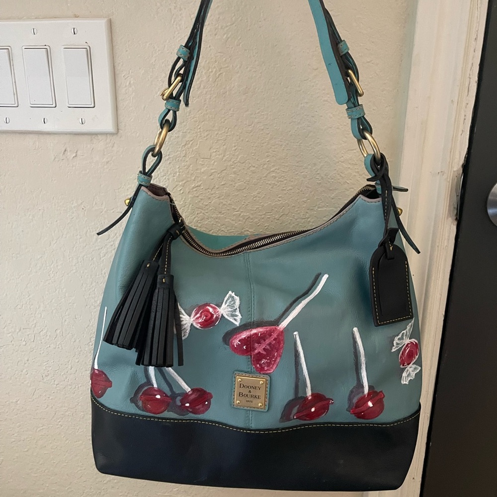 Dooney & Bourke Teal and Black Hobo Bag with Cherry Design